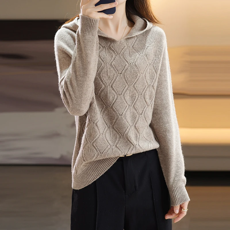 Tailor Sheep Women Pure Merino Wool Hoodie Hollow Sweaters Turtleneck Knitted Pullovers Long Sleeve Fashion Jumper