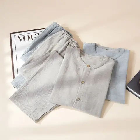 Men's Chinese Zen Style Pajama Set Cotton Linen Breathable Loungewear Scholar Attire Soft Heathered Fabric Minimalist Pijamas