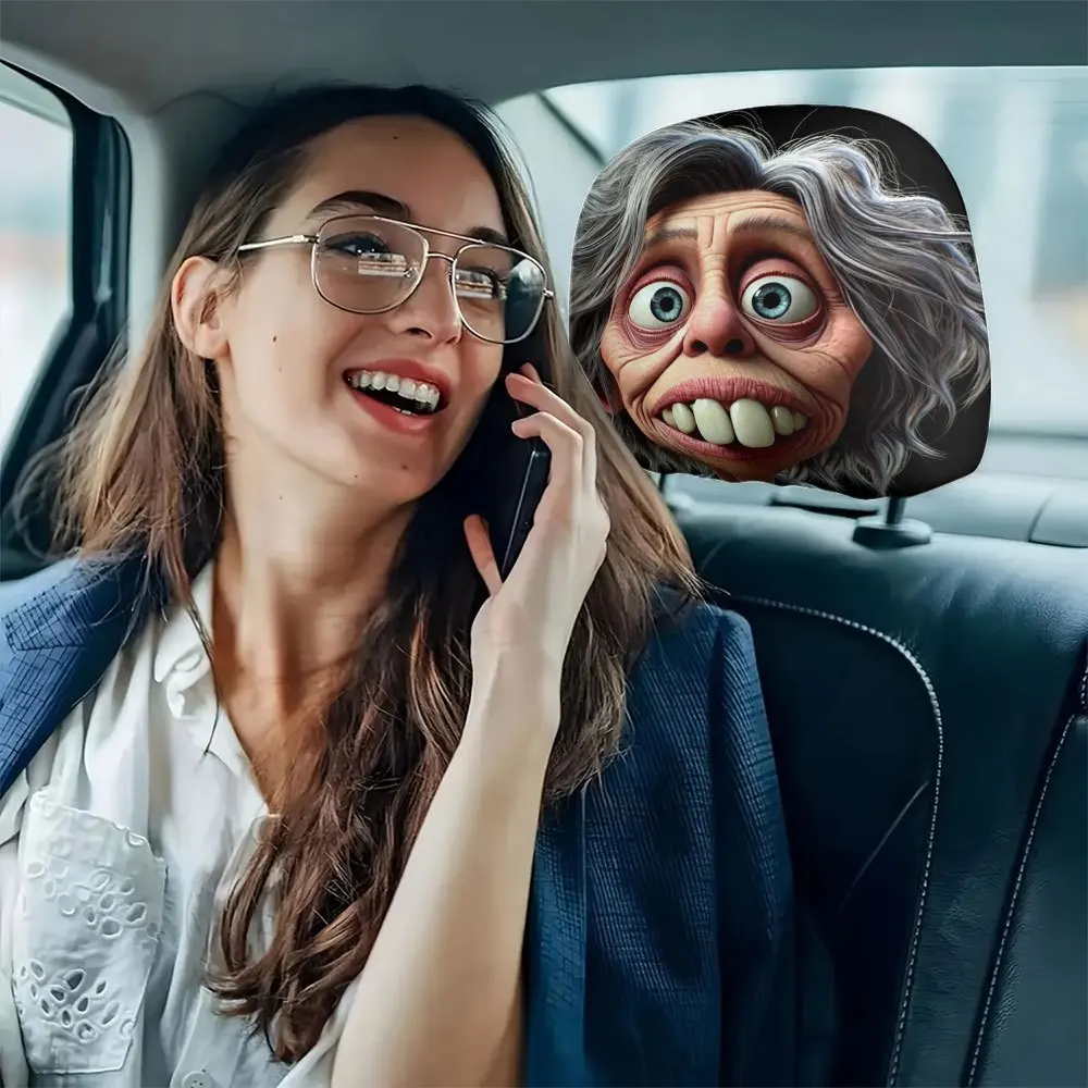 Fun Cartoon Old Lady Print Headrest Covers, Wear-Resistant & Washable, Car Interior Decor Headrest Covers