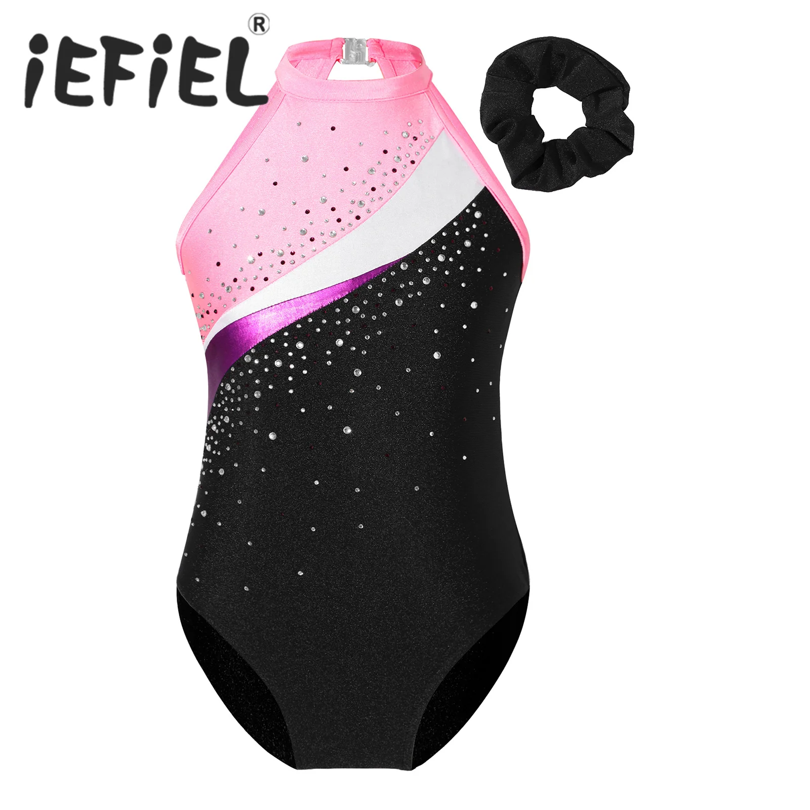 Kids Girls Ballet Gymnastics Workout Dance Bodysuit Sleeveless Hollow Back Shiny Rhinestone Sports Dance Leotards with Hair Band