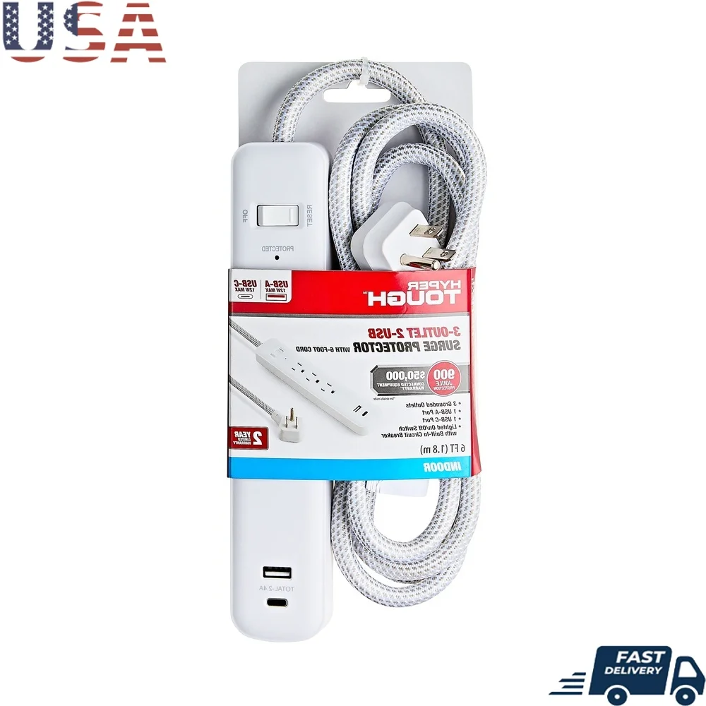 

Indoor 3-Outlet Surge Protector with 6ft Braided Cord 900-Joule Protection and 2 USB Ports Low Profile Plug Electronics