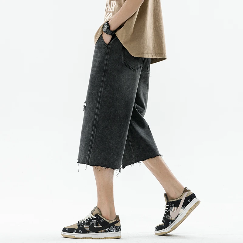 Fashion Elastic Washed Straight Tassel Hole Jeans Men's Clothing 2024 Summer New Loose Lace Up High Waist All-match Capri Pants