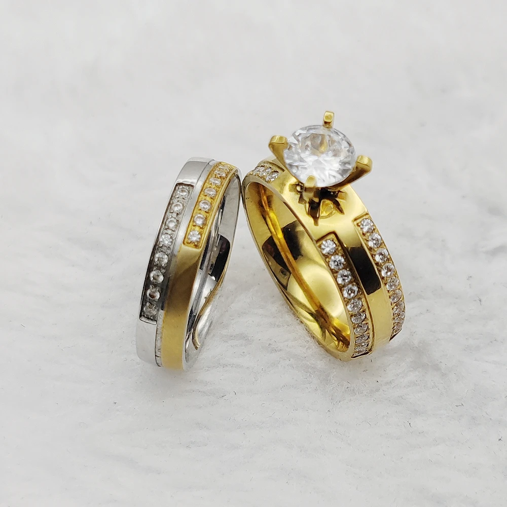 Jewelry Bridal Set Wedding Engagement Ring Supplier Finger Ring Wholesale 24k Gold Plated Titanium Woman Marriage Rings