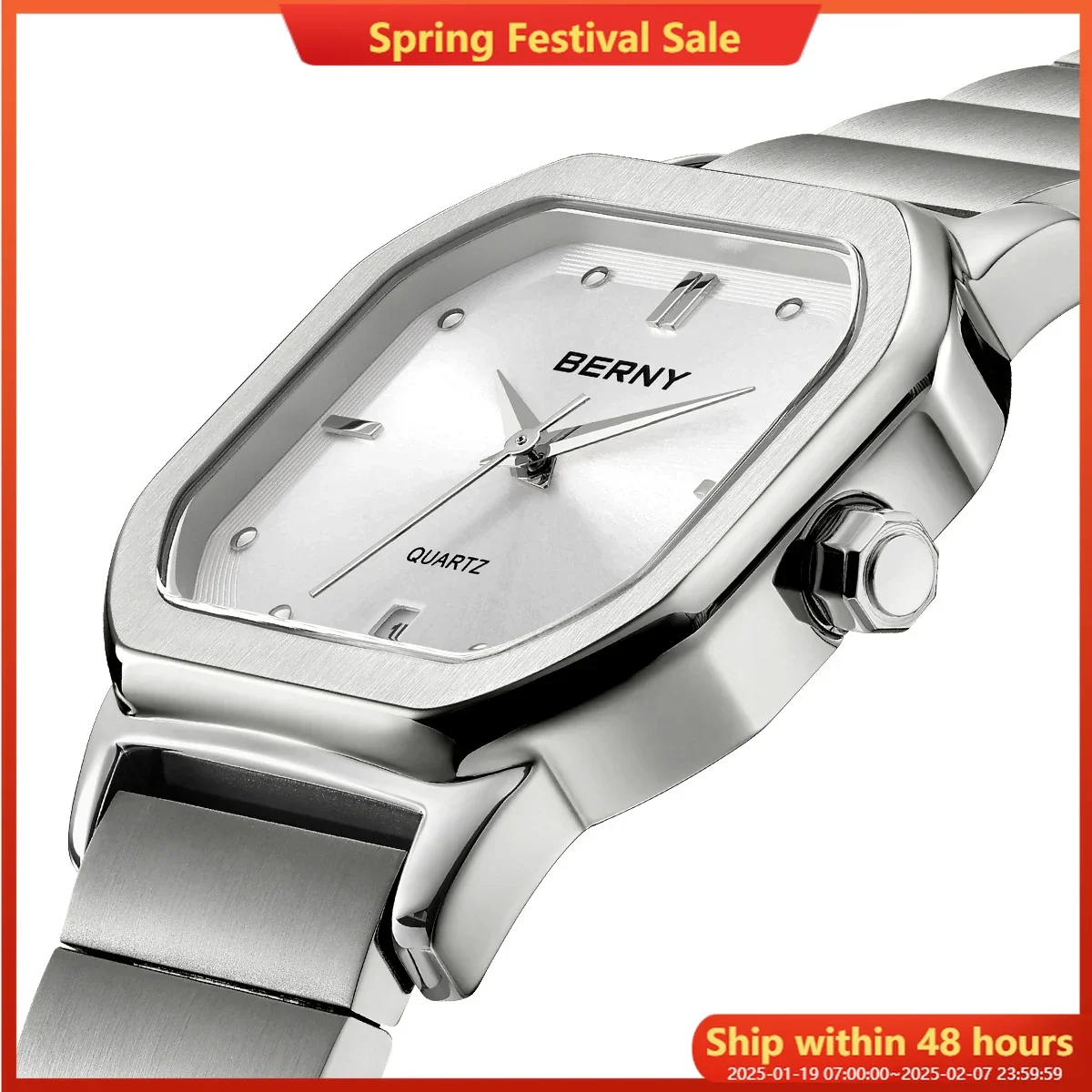 BERNY Watches for Men Full Stainless Steel Square Quartz Men's Watch Calendar Date Fashion Business Casual Waterproof Wristwatch