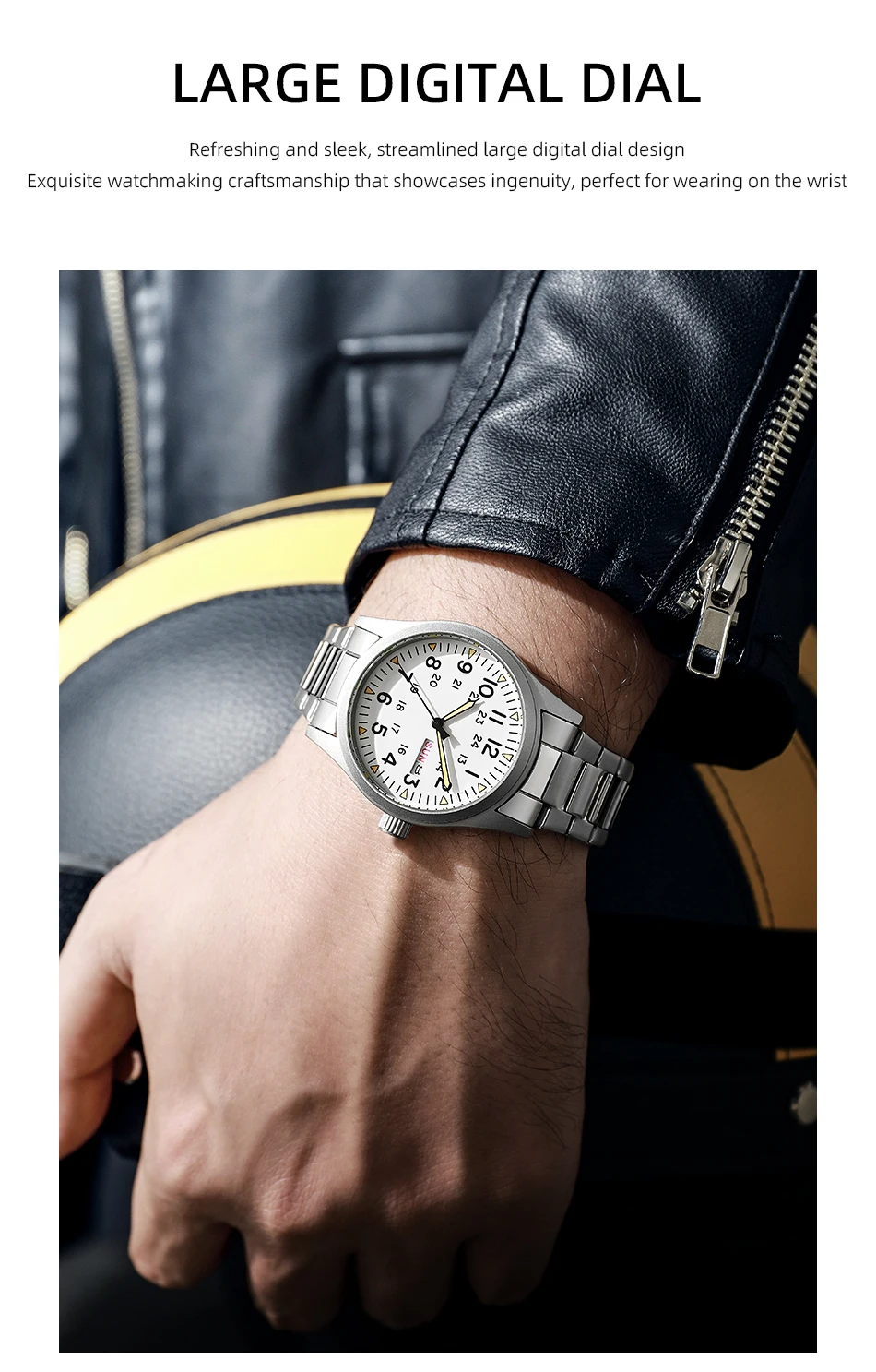 2026 Herren 38mm Leuchtende Zifferblatt-Uhr mit Tages- und Datumsanzeige, im Dunkeln leuchtend, grün, 30M wasserdicht, Felduhr mit Edelstahlarmband – Detail 18