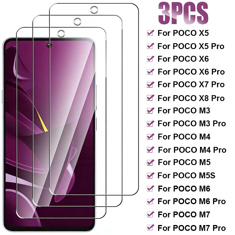3PCS Full cover Protective Glass For Poco X5 X6 X7 X8 Pro Max 5G Screen Protector for Xiaomi Poco M3 M4 M5 M6 M7 Pro Glass Film