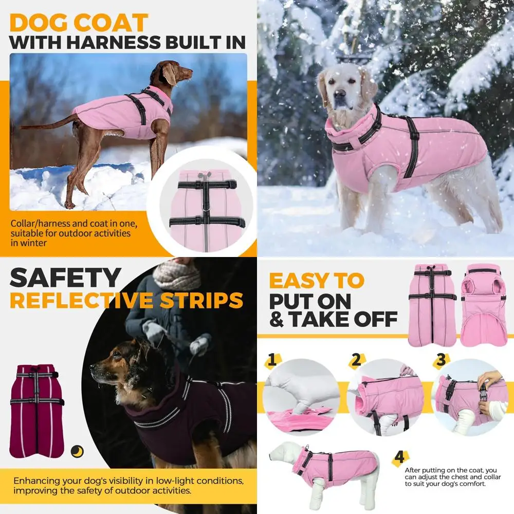 

Розовая водонепроницаемая светоотражающая зимняя куртка для больших собак со встроенной шлейкой и уютной водолазкой для великого дога, 3XL