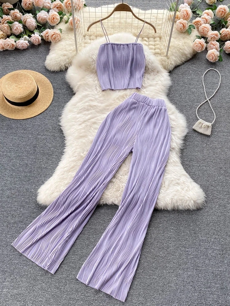 Women Summer Pants Set New Fashion Spaghetti Strap Short Tops & High Waist Long Pants Two Piece Suits