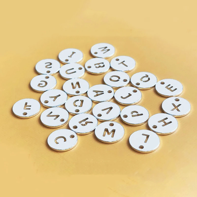 925 Sterling Silver 6mm Round Disc Letters Drop (A-Z) w/Upper Single Hole 0.5/ Thick 26 Letter Hollow Carve Charm