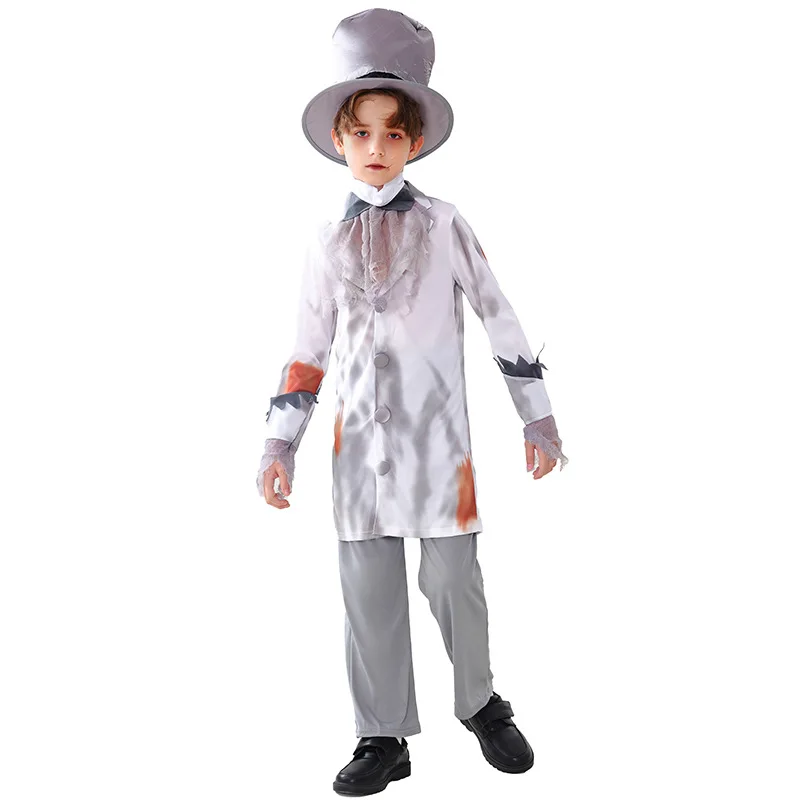 Kid Halloween Cosplay Costumes Gray Vampire Cos Suit Zombie Boy Top Pants Hat Neckwear 4 Pcs Set Devil Costume