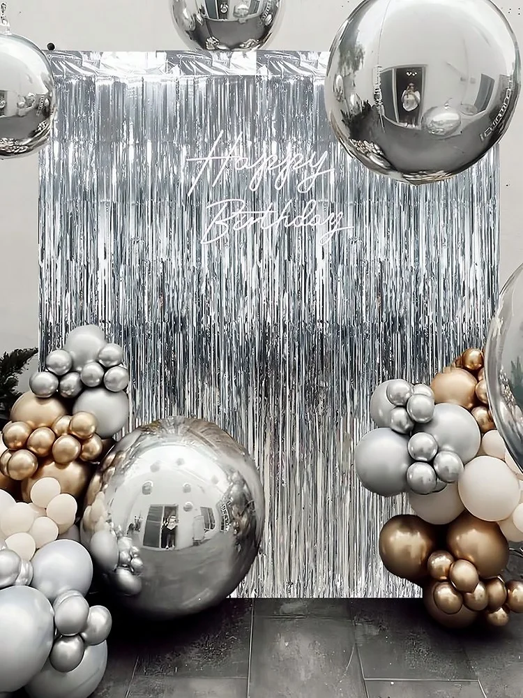 2 Stück - 1*2m Metallfolien-Fransenvorhänge für Party-Hintergrundwand-Dekoration, glänzende Aluminiumfolien-Wandvorhänge mit Quasten – Detail 1