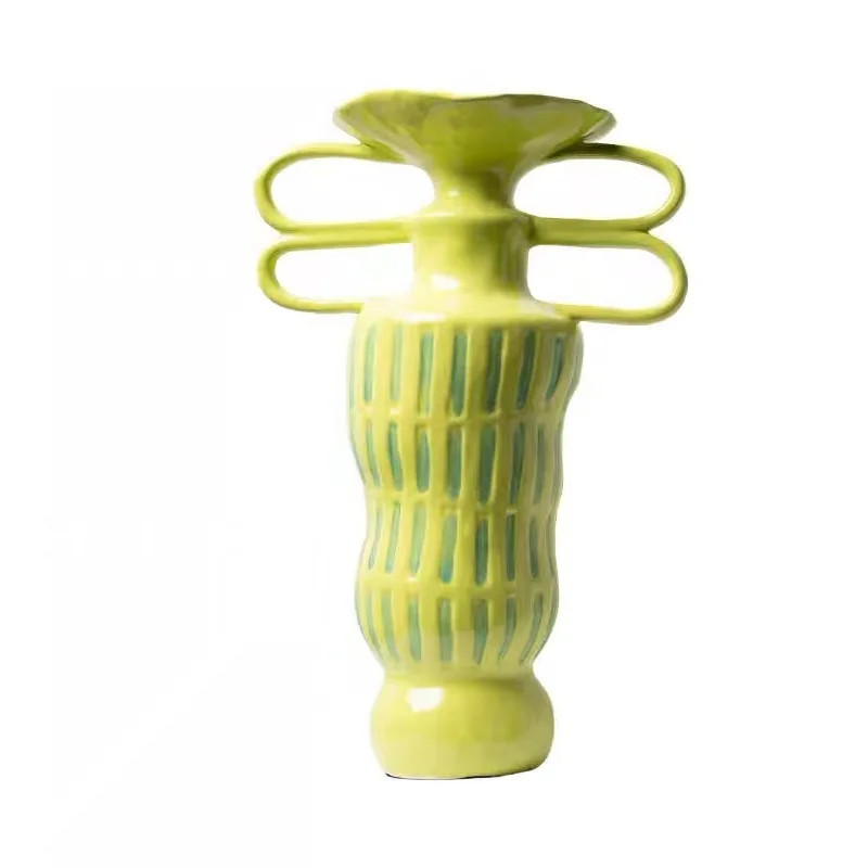 Simple Wabi-Sabi Double-Handled Ceramic Vase Art Ornament Home Model Room Homestay Dining Table Flower Arrangement