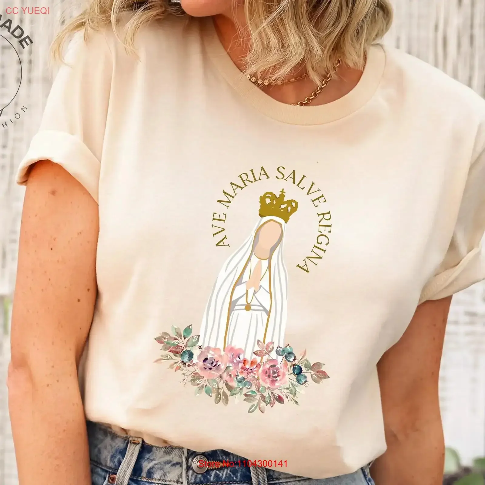Camiseta católica mariana Ave Maria Virgen María Salve Regina para mujer, floral, religiosa, vintage, lavada, transpirable
