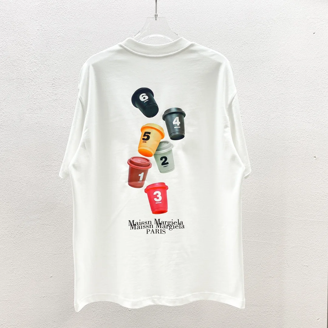 24 New MM6 Margiela Short-sleeved T-shirt Men\'s and Women\'s Coffee Cups Alphanumeric Logo Print Casual Fashion New Trendy Brand