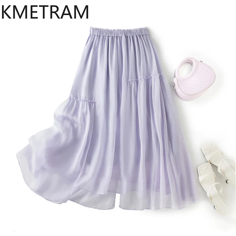 KMETRAM 100% Mulberry Silk Women's Skirts French Style Long Skirt Fairy Vacation Skirts New Summer Arrival 2026 Woman Clothes 치마