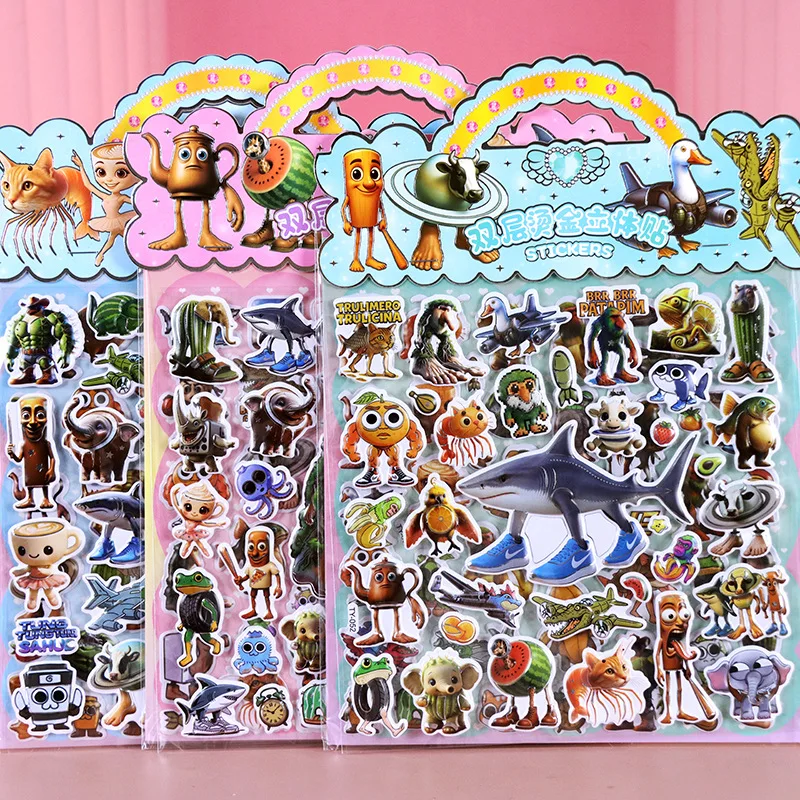 Doppio strato italiano Brainrot Animali 3D Bubble Stickers Impermeabile Tung Tung Tung Saur Adesivo in rilievo Ricompensa Decalcomanie Giocattolo Regalo