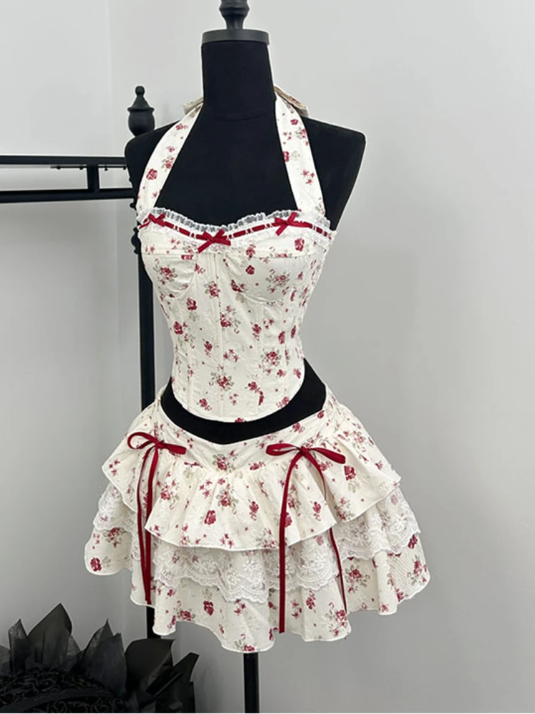 

Summer Sweet Thin Sleeveless Print 2 Piece Set Women France Designer Bowknot Slim Sling Tops Female + High Waist Ruffle Skirt