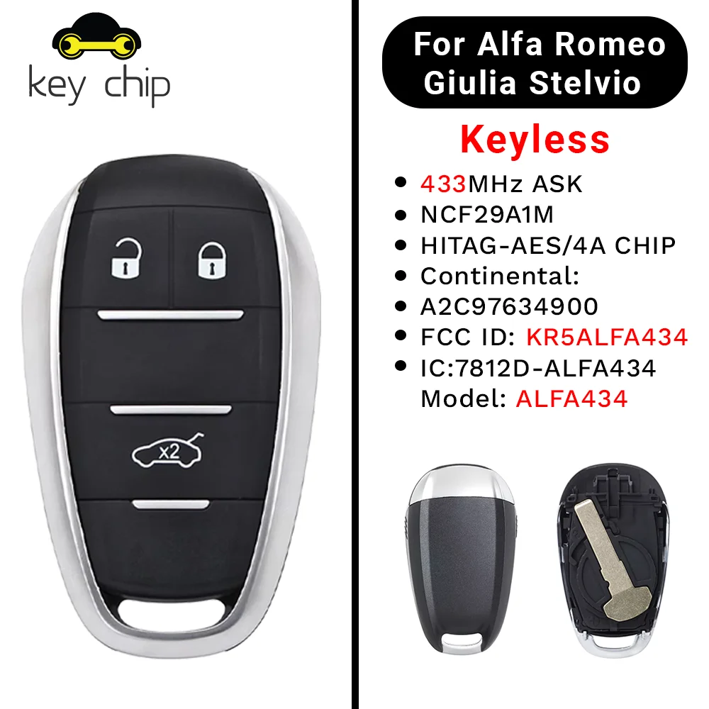 Key chip 433MHz 4A Chip for Alfa Romeo Giulia Stelvio 2017 2018 2019 2020 Remote Key Fob KR5ALFA434 Continental: A2C97635100