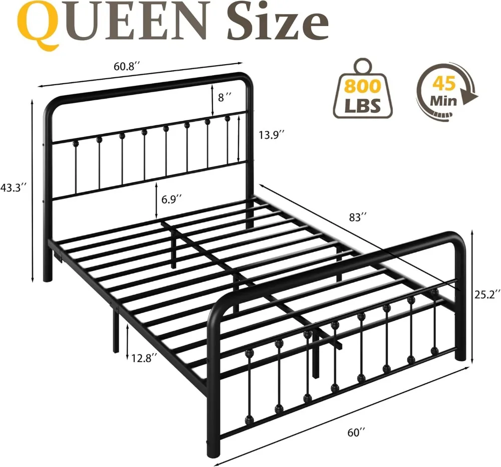 Queen Bed Frame Classic Metal Platform Bed Frame with Charging Station & LED, Victorian Style Iron-Art Headboard/Footboard