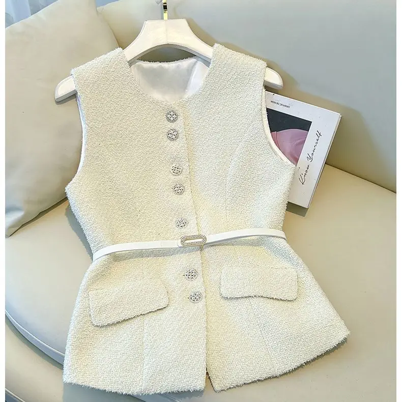 New French Small Fragrance Two Piece Set Women Summer O-neck Sleeveless Slim Vest + A-line Mesh Skirt Elegant Office Lady Suit