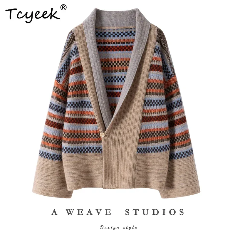 Retro Poncho Autumn Winter Women's Cardigan Cloak 100% Cashmere Sweater Fire Grass Cloak Versatile Knit Clothes Thick Warm Coat