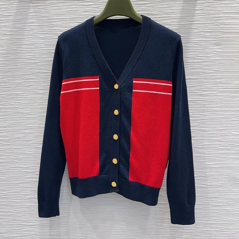 

High-quality women's V-neck single-button metal-plated cardigan with striped and multicolored design sweater 2592402