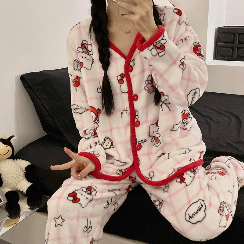 Anime Hello Kitty Pyjama und Pyjama aus weichem Flanell, Kawaii verdickte warme und bequeme Paar-Hauskleidung, Weihnachtsgeschenke