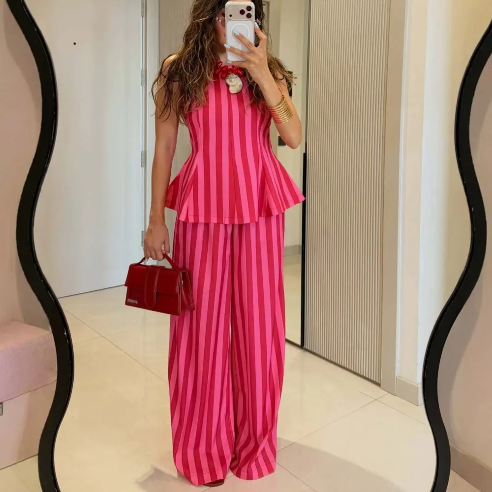 Women Fashion Striped Print Two Piece Sets Spring Summer Sleeveless Peplum Top + High Waist Wide Leg Pants Matching Casual Set