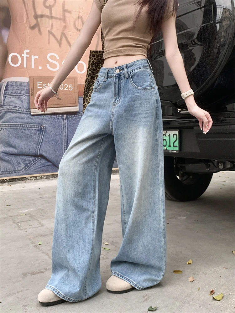 

Retro High Waist Wide Leg Blue Jeans Women's Summer Washed Denim Pants Floor-Length Trousers Comfortable Loose Fit Casual Jeans