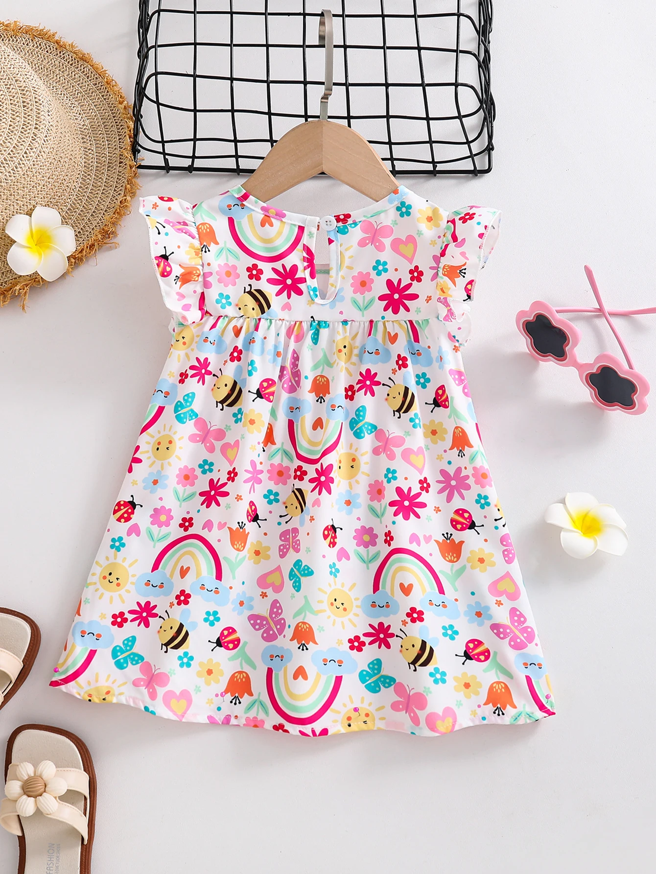1-Piece Summer Thin Dress for Baby Girls, Cartoon Floral Print Round Neck Sleeveless Vest Dress, Cute Flutter-Sleeve Princess Dress for Girls, Fashionable and Sweet Versatile Princess Dress, Newborn First Birthday Gift, Comfortable and Soft, Suitable for 0-1-2-3 Years Old, 6-9 Months, Suitable for Outdoor, Casual, Party, Festival Gifts