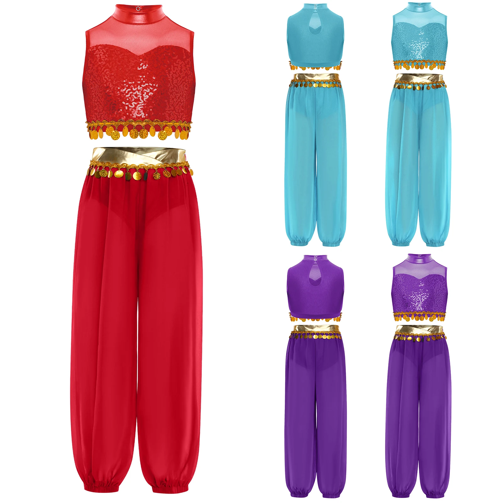 Kids Girls Belly Dance Sets Performance Costume Keyhole Back Sheer Mesh Sequin Crop Top and Elastic Leg Opening Side Pants Suit