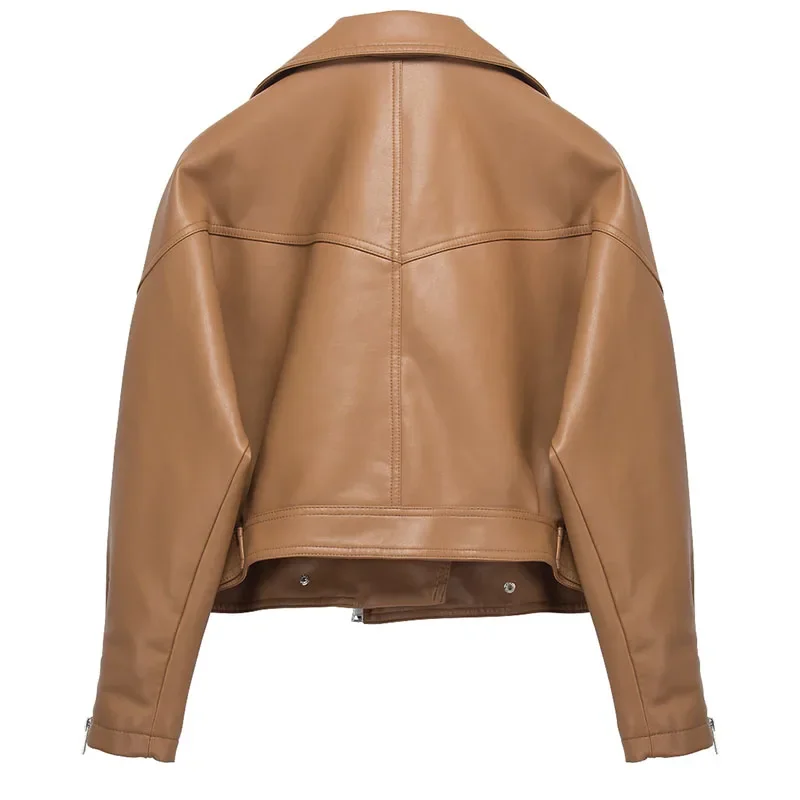 春緩いヴィンテージフェイクレザージャケット女性 2025 秋ショートカジュアルブラウンオートバイジャケット長袖カジュアルストリート