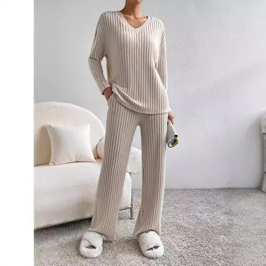 

Women's Faion Casual Straight Pants V-Ne Knitted Suit Long Sve Long Pants Autumn Seasonal Leisure Sportswear Set