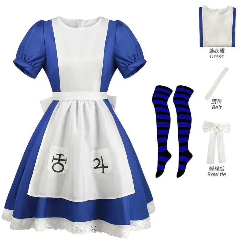 Kostum Cosplay Anime Alice Princess Madness Returns Gaun Celemek Pembantu Alice JK Permainan Pesta Halloween untuk Cosplay Wanita Anak Perempuan