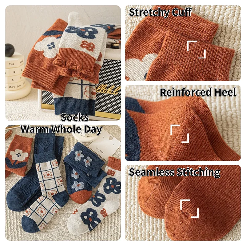 5 Paar gestrickte Damensocken im Retro-Stil mit Blumenmuster in Orange und Blau, lässige, weiche und bequeme Spitzensocken – Detail 7