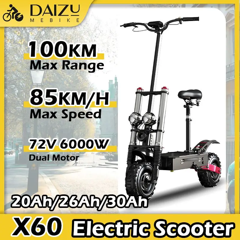 Electric Scooter X60 72V 6000W Battery for Adults, 80KM/H Top Speed, off road Tires, Dual Disc Brake High Quality E-scooter