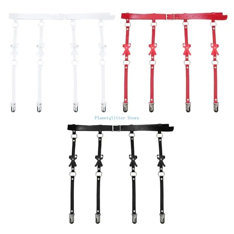 652B Metal Clip Garters for Women Bowknot PU Leather Adjusted Waist Garter Belt