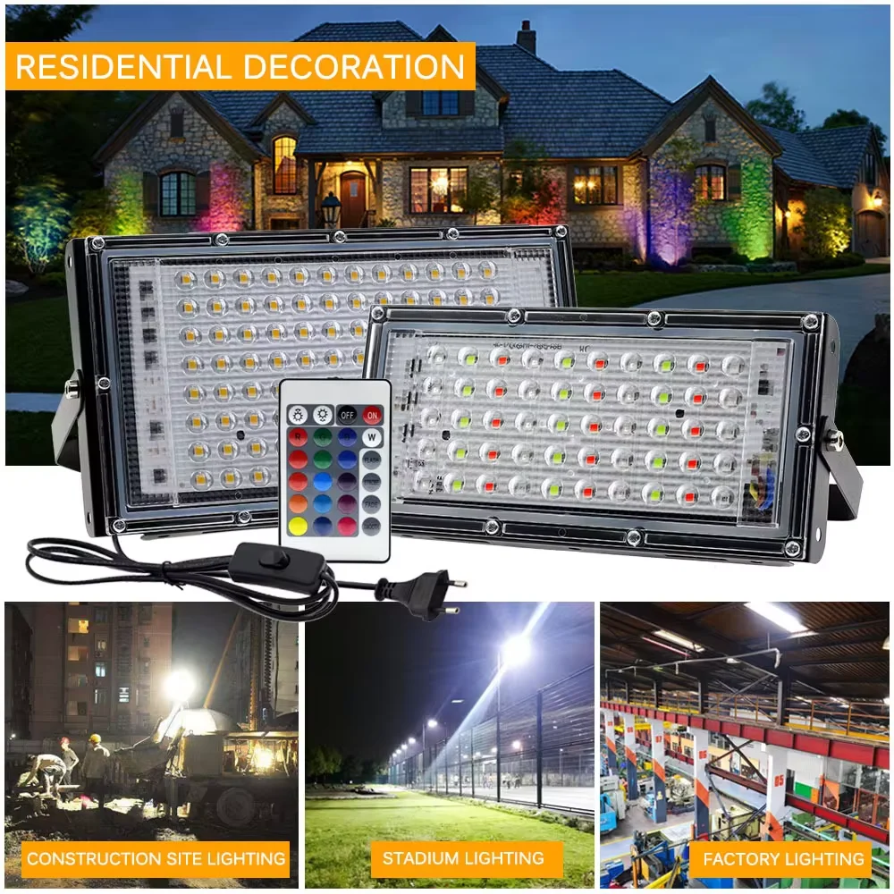 50W 100W RGB lámpara de luz de inundación al aire libre AC220V iluminación de jardín reflector IP65 impermeable Reflector LED RGB con control remoto