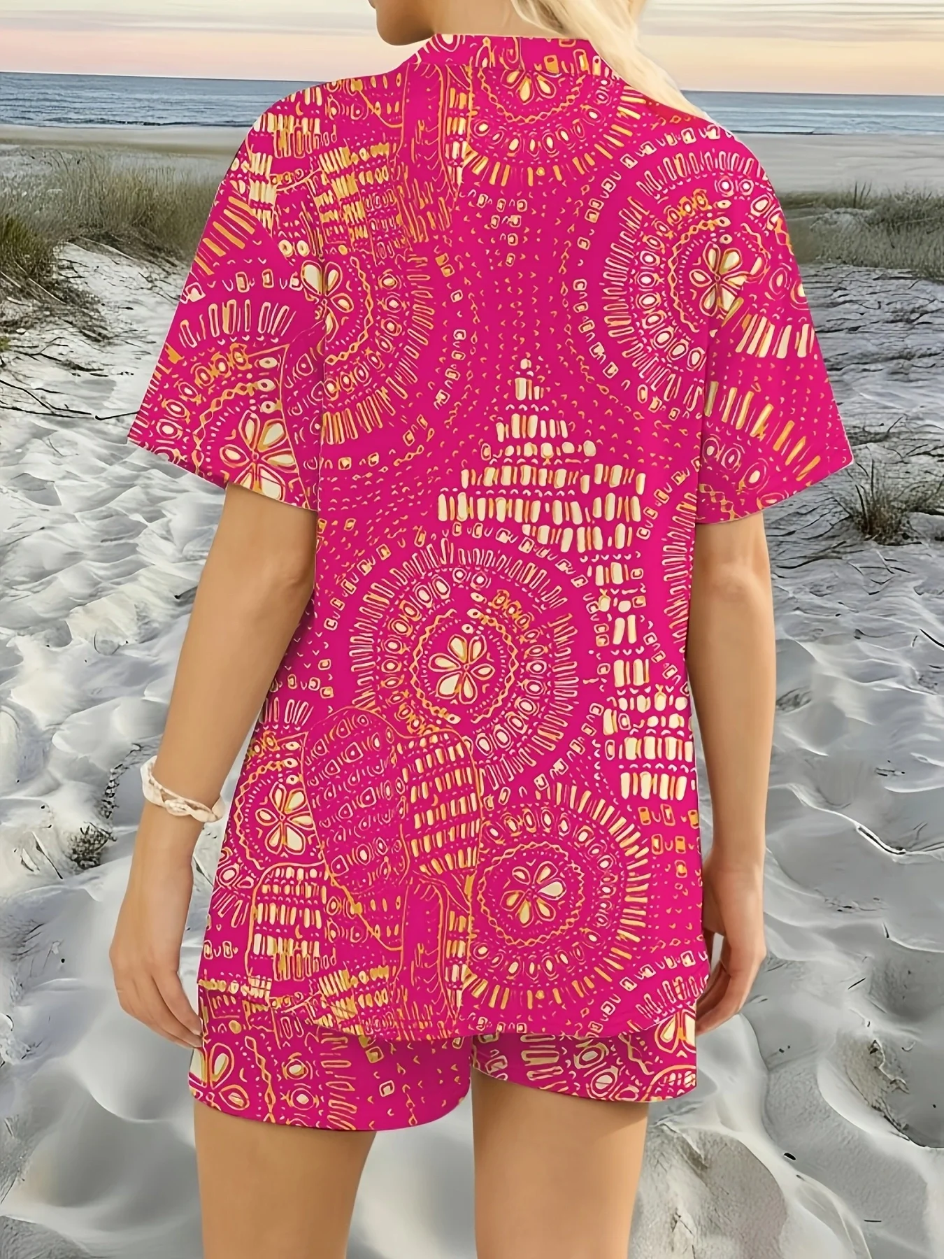 Bohemian Floral Print in Bright Rose Red, Vacation-Style Two-Piece Elegant Casual Set (Excluding Suspenders)