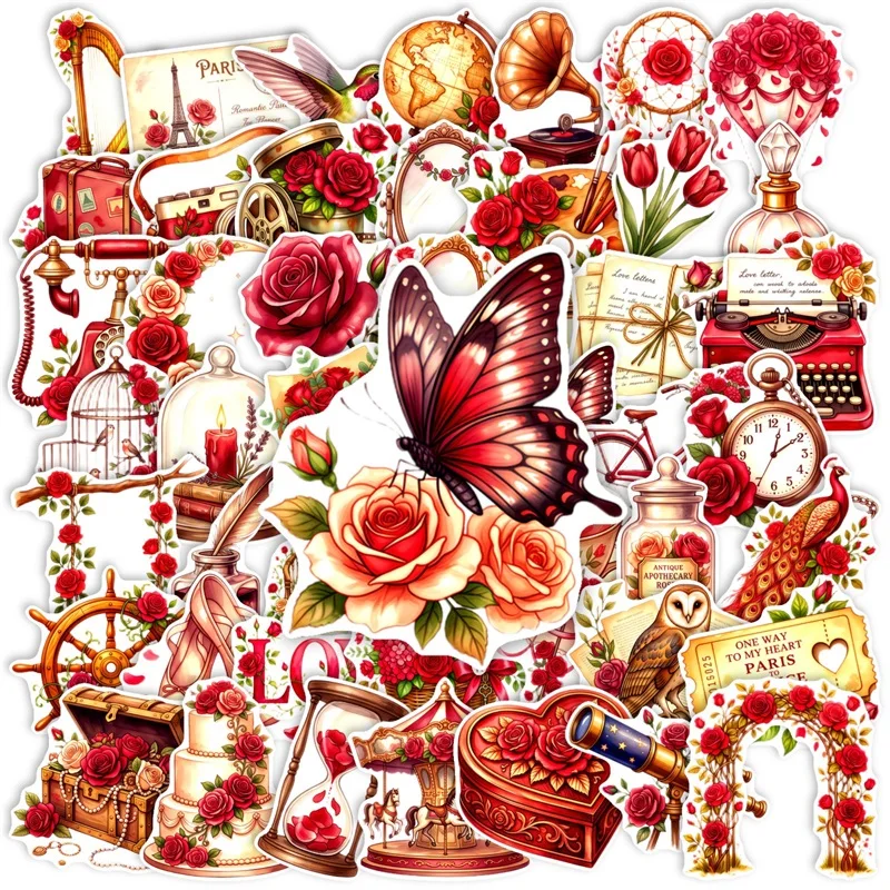 10/30/50PCS Retro European Rose PVC Sticky Sticker Aesthetic DIY Decoration Scrapbooking Phone Hand Accounting Supplies