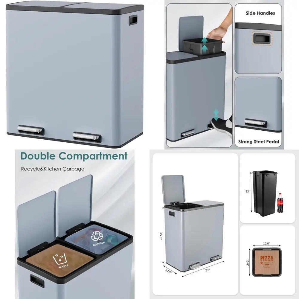 

Stainless Steel 16 Gallon Dual Compartment Trash Can with Step and Recycle Bin for Kitchen Use