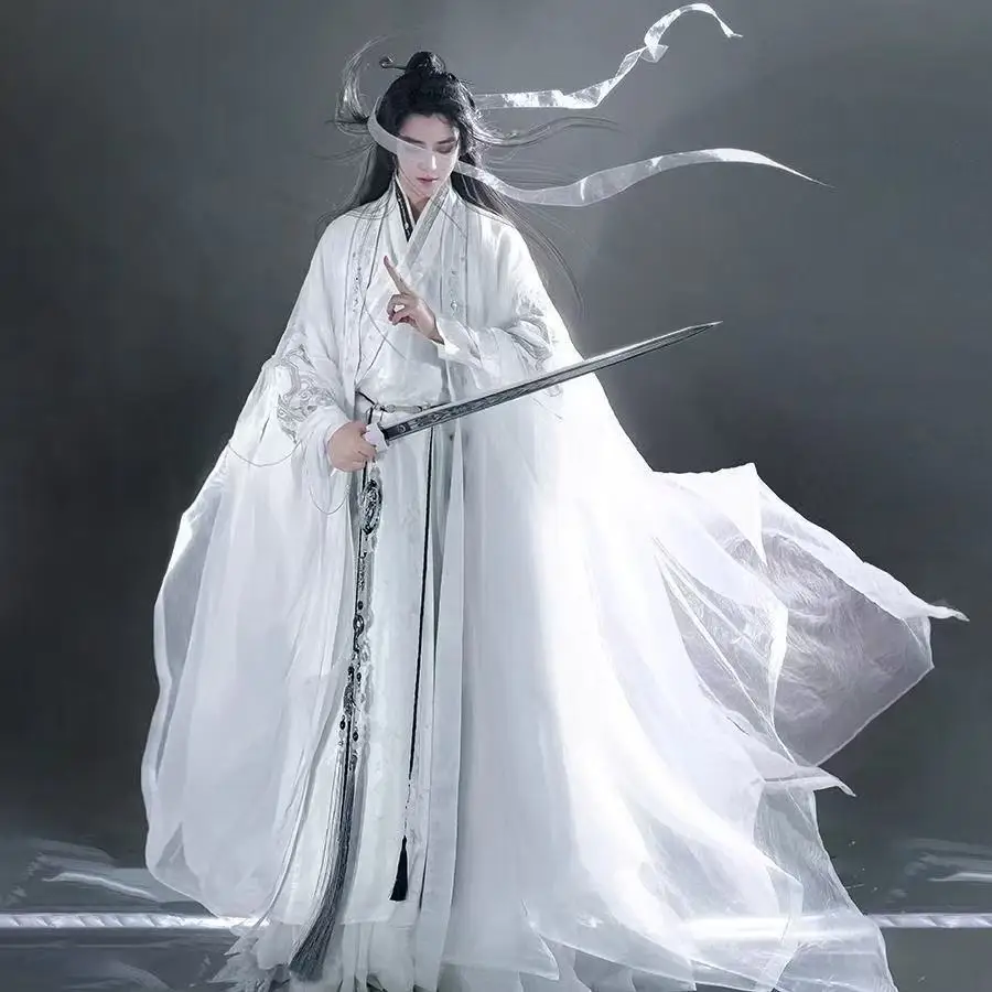 

Ancient Wuxia Swordsman Hanfu Traditional Chinese Weijin Period Cross Collar Suit Halloween Martial Cosplay Costume Embroidery