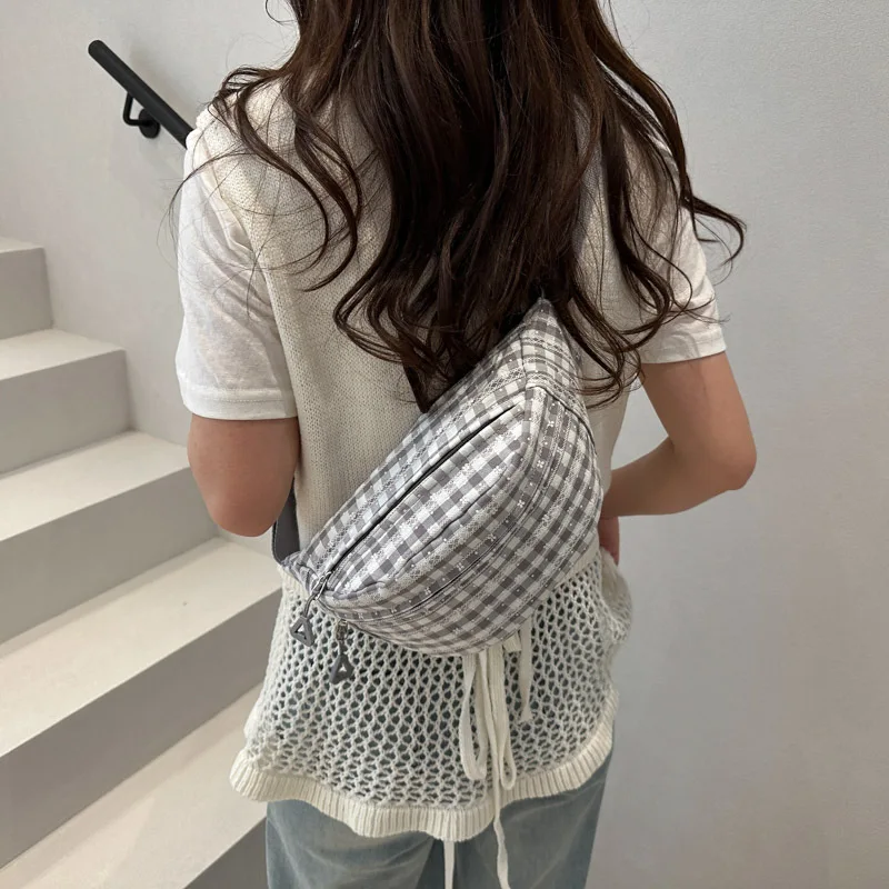Casual Plaid Lace Shoulder Bags for Women Outdoor Sports Teenage Girls Crossbody Chest Bag Versatile Ladies Waist Pouch Purse