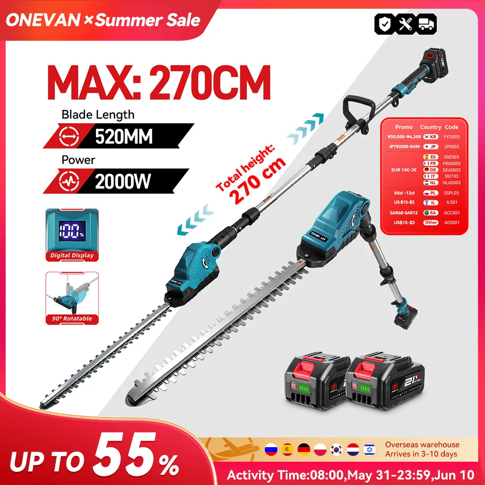 Taille-haie électrique ONEVAN sans fil, télescopique, avec LED, pour batterie Makita 18V