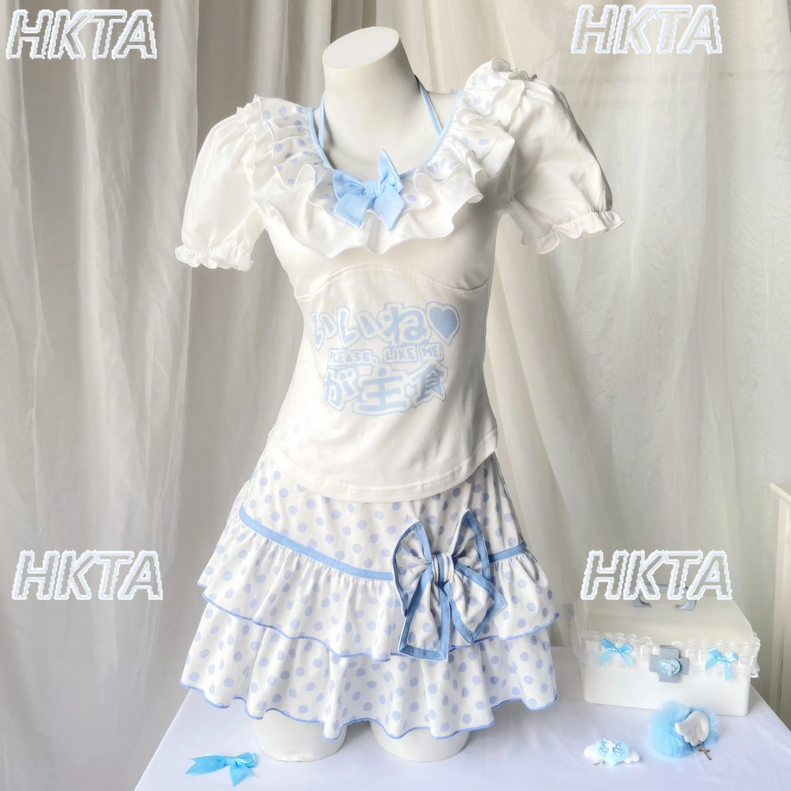 Original Super Sweet Water Color Polka Dot Suspender Vest Cute Soft Girl Printing Short Sleeve T-shirt Bows White T Shirt Women
