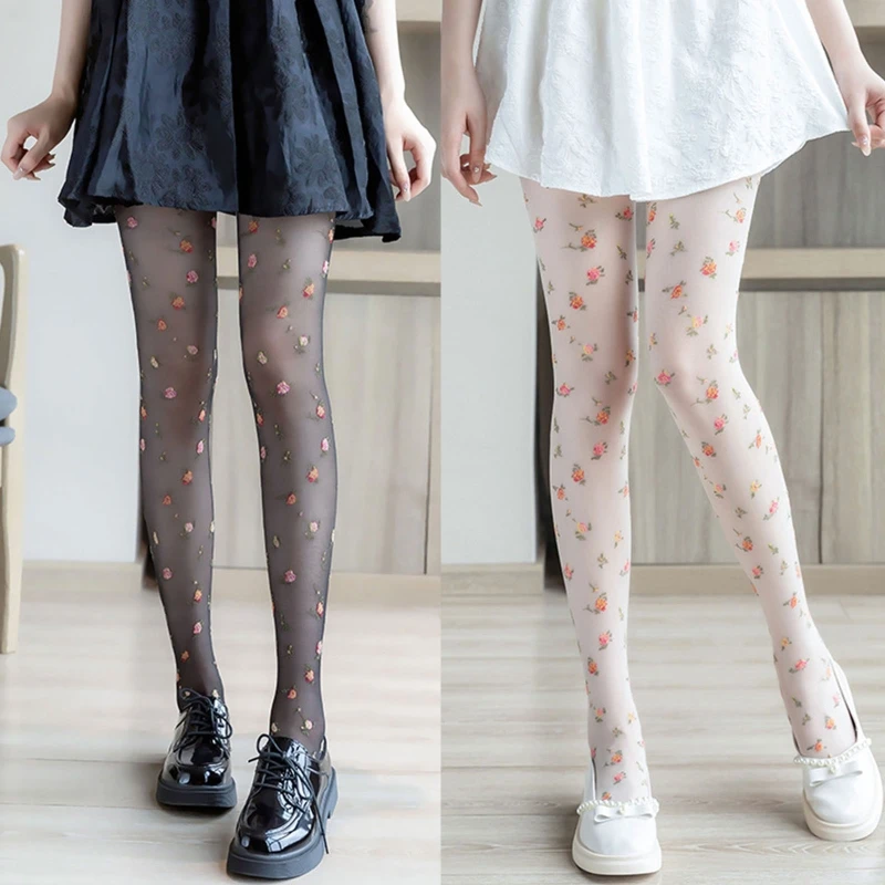 

Women Thin Silky Pantyhose Sweet Colorful Floral Print Tights Calf Socks