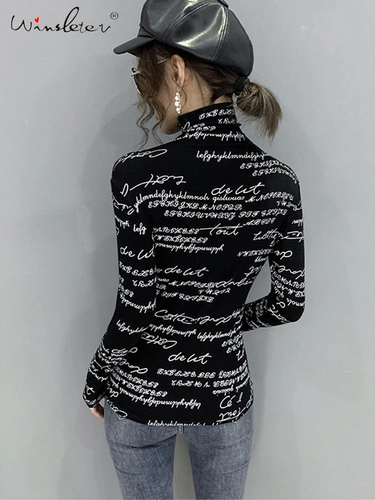 Fast Ship Vintage Print Tops Letters Doodle T-shirt Women Turtleneck Long Sleeve Slim Stretchy Tee Casual Women Clothing Spring