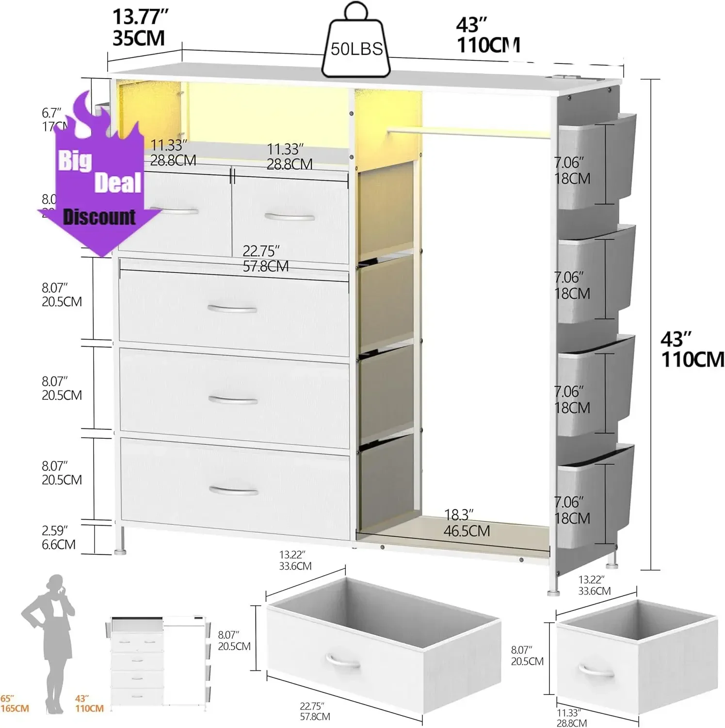

Hot salesStable Dresser For Bedroom With Clothes Rack Side Pockets White 5 Drawers Dresser With Charging Station LED Lights Stur