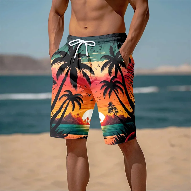 Summer New Harajuku 3D Cocoanut Trees Printing Beach Shorts Palm Tree Graphic Board Shorts For Men Hawaiian Cool Swimming Trunks