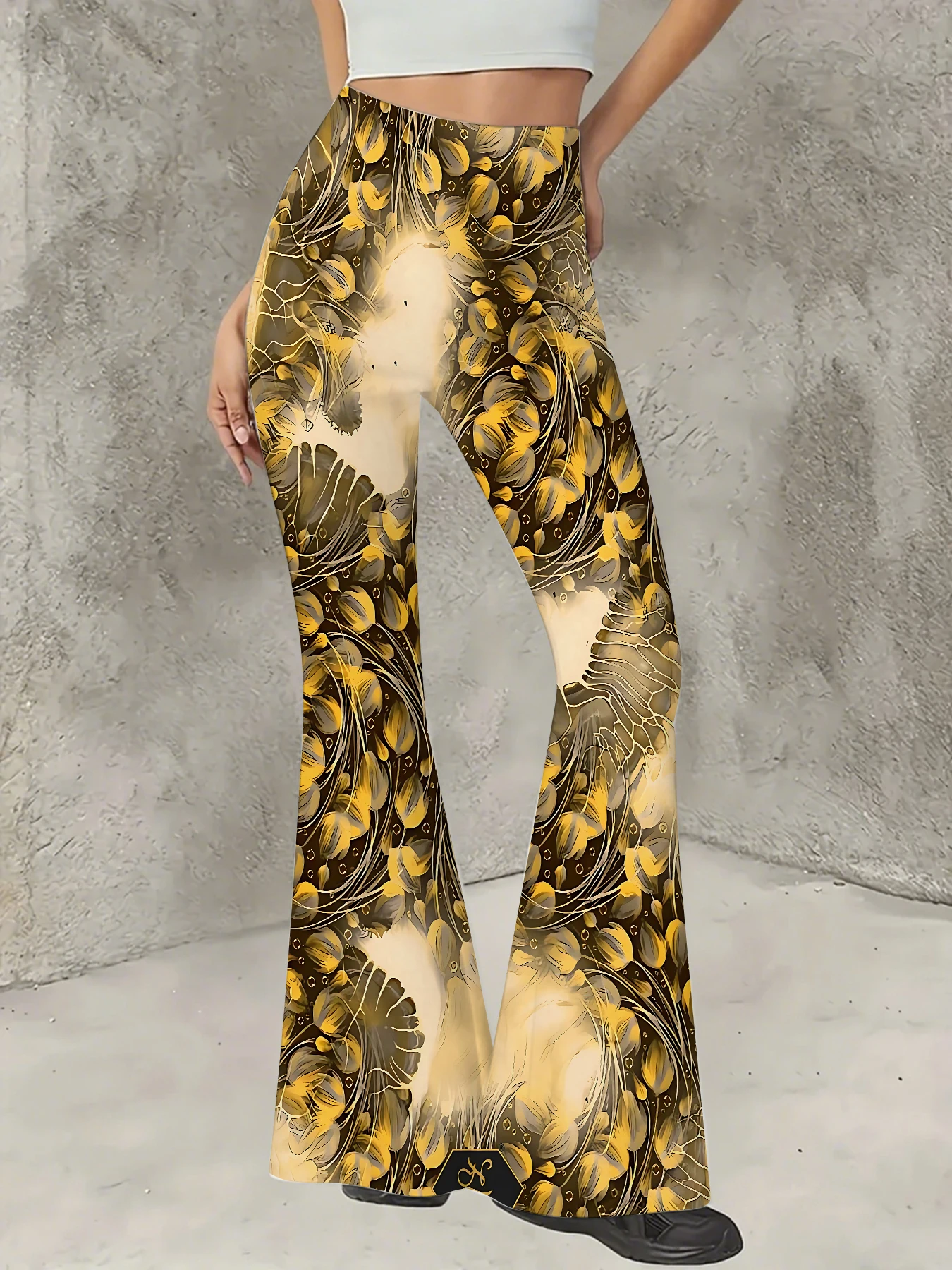 

Y2K Graphic Print Flare Pants Women High Waist Knit Bell Bottom Trousers